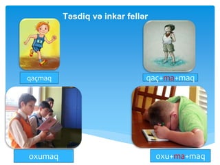 qaçmaq qaç+ma+maq
oxumaq oxu+ma+maq
Təsdiq və inkar fellər
 