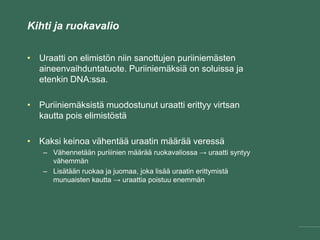 Kihti ja ruokavalio
• Uraatti on elimistön niin sanottujen puriiniemästen
aineenvaihduntatuote. Puriiniemäksiä on soluissa ja
etenkin DNA:ssa.
• Puriiniemäksistä muodostunut uraatti erittyy virtsan
kautta pois elimistöstä
• Kaksi keinoa vähentää uraatin määrää veressä
– Vähennetään puriiinien määrää ruokavaliossa → uraatti syntyy
vähemmän
– Lisätään ruokaa ja juomaa, joka lisää uraatin erittymistä
munuaisten kautta → uraattia poistuu enemmän
 