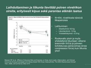 Laihduttaminen ja liikunta lievittää polven nivelrikon
oireita, erityisesti kipua sekä parantaa elämän laatua
Messier SP, et al.. Effects of Intensive Diet and Exercise on Knee Joint Loads, Inflammation, and Clinical
Outcomes Among Overweight and Obese Adults With Knee Osteoarthritis: The IDEA Randomized Clinical
Trial. JAMA. 2013;310(12):1263-1273
• N=454, nivelrikosta kärsiviä
liikapainoisia
• Laihtuminen:
– Dieettiryhmä -8,9 kg
– Liikuntaryhmä -1,9 kg
– Yhdistelmäryhmä -10,9 kg
• Ruokavalio yksin ja myös
yhdistettynä liikuntaan vähensi
enemmän Il-6:ta ja polveen
kohdistuvaa painevoimaa (knee
compression force) kuin liikunta
yksin
 