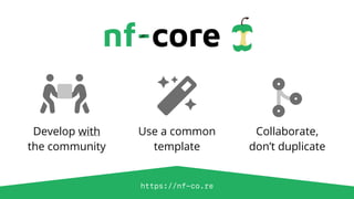 https://nf-co.re
Develop with
the community
Use a common
template
Collaborate,
don’t duplicate
 