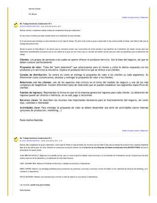 Muchas Gracias.
Att: Miryam
Mostrar mensaje anterior | Responder
Re: Trabajo Ambiente Colaborativo N° 2
de PAOLA ANDREA BASTIDAS - lunes, 28 de abril de 2014, 22:41
Buenas noches y respetuoso saludo a todas las compañeras del grupo colaborativo.
Es muy bueno el interés que todas ustedes tienen en la realización de esta actividad.
El rol que escojo para participar en esta actividad es el de Vigía de Tiempo. Por tanto invito a todo el grupo a desarrollar lo mas pronto posible el trabajo, sólo faltan 6 días para la
entrega del producto final.
Revisé el aporte de Alba Miryam y me parece que es necesario primero que conozcamos de forma sencilla lo que significan los 9 elementos del modelo canvas para que
elaboremos eficientemente el producto que se nos solicita en la guía, por eso coloco aquí un resumen del modelo canvas para que cada una aportemos para la elaboración del
trabajo.
Clientes: Los grupos de personas a los cuales se quiere ofrecer el producto/servicio. Son la base del negocio, así que se
deben conocer perfectamente
Propuesta de valor: Trata del “pain statement” que solucionamos para el cliente y cómo le damos respuesta con los
productos y/o servicios la iniciativa. Explica el producto/servicio que se ofrece a los clientes
Canales de distribución: Se centra en como se entrega la propuesta de valor a los clientes (a cada segmento). Es
Determinar como comunicarnos, alcanzar y entregar la propuesta de valor a los clientes.
Relaciones con los clientes: uno de los aspectos más críticos en el éxito del modelo de negocio y uno de los más
complejos de tangibilizar. Existen diferentes tipos de relaciones que se pueden establecer son segmentos específicos de
clientes
Fuentes de ingresos: Representan la forma en que en la empresa genera los ingresos para cada cliente. La obtención de
ingresos puede ser directa o indirecta, en un solo pago o recurrente
Recursos claves: Se describen los recursos más importantes necesarios para le funcionamiento del negocio, así como
tipo, cantidad e intensidad
Actividades clave: Para entregar la propuesta de valor se deben desarrollar una serie de actividades claves internas
(procesos de producción, marketing,..)
Paola Andrea Bastidas
Mostrar mensaje anterior | Responder
Re: Trabajo Ambiente Colaborativo N° 2
de PAOLA ANDREA BASTIDAS - martes, 29 de abril de 2014, 11:42
Buenos días compañeras de grupo colaborativo, como Vigía de Tiempo en esta actividad, les recuerdo que nos faltan 6 días para la entrega del producto final y estamos totalmente
lejos de lo que pide la guía, por tanto, teniendo en cuenta que el proyecto anterior fue la Creación de una Empresa de Asesorías Empresariales (M ICRO-PYM E) me tomo el
atrevimiento de repartir tareas:
ALBA MIRYAM CASTILLO: Diligenciar en la plantilla canvas, pero no como la aportó el sábado, está inconclusa y no se entienden los 9 elementos canvas. El aporte que subí ayer
explica cada uno de los elementos y su significado de cómo debe hacerse.
LEIDY JOHANNA RIOS: Elaborar el Portafolio de Servicios o catálogo de productos (2 diapositivas)
ERIKA CUPITRA: Elaborar una estrategia publicitaria para promocionar los productos o servicios o servicios a través de medios on line aplicando las técnicas del marketing y el e-
commerce (3 diapositivas)
PAOLA BASTIDAS: Realizar una propuesta para convertir su idea de negocio en una startup (3 diapositivas).
Les recuerdo: queda muy poco tiempo.
Paola Bastidas
 