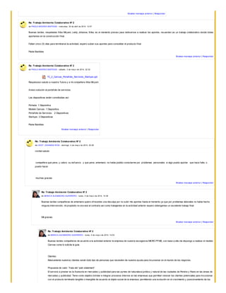 Mostrar mensaje anterior | Responder
Re: Trabajo Ambiente Colaborativo N° 2
de PAOLA ANDREA BASTIDAS - miércoles, 30 de abril de 2014, 12:57
Buenas tardes, respetadas Alba Miryam, Leidy Johanna, Erika, es el momento preciso para motivarnos a realizar los aportes, recuerden es un trabajo colaborativo donde todas
aportamos en la construcción final.
Faltan cinco (5) días para terminarse la actividad, espero suban sus aportes para consolidar el producto final.
Paola Bastidas
Mostrar mensaje anterior | Responder
Re: Trabajo Ambiente Colaborativo N° 2
de PAOLA ANDREA BASTIDAS - sábado, 3 de may o de 2014, 22:32
TC_2_Canvas_Portafolio_Servicios_Startups.ppt
Respetuoso saludo a nuestra Tutora y a mi compañera Alba Miryam.
Anexo solución al portafolio de servicios.
Las diapositivas están constituidas así:
Portada: 1 Diapositiva
Modelo Canvas: 1 Diapositiva
Portafolio de Servicios: 2 Diapositivas
Startups: 3 Diapositivas
Paola Bastidas
Mostrar mensaje anterior | Responder
Re: Trabajo Ambiente Colaborativo N° 2
de LEIDY JOHANNA RIOS - domingo, 4 de may o de 2014, 20:26
cordial saludo
compañera que pena y valoro su esfuerzo y que pena antemano no había podido conectarme por problemas personales si algo puedo aportar que hace falta o
puedo hacer
muchas gracias
Mostrar mensaje anterior | Responder
Re: Trabajo Ambiente Colaborativo N° 2
de MONICA ALEXANDRA GUERRERO - lunes, 5 de may o de 2014, 14:38
Buenas tardes compañeras de antemano quiero ofrecerles una disculpa por no subir mis aportes hasta el momento ya que por problemas laborales no había hecho
ninguna intervención, mi propósito no era ese al contrario así como trabajamos en la actividad anterior espero obtengamos un excelente trabajo final.
Mil gracias.
Mostrar mensaje anterior | Responder
Re: Trabajo Ambiente Colaborativo N° 2
de MONICA ALEXANDRA GUERRERO - lunes, 5 de may o de 2014, 14:53
Buenas tardes compañeros de acuerdo a la actividad anterior la empresa de nuestra escogencia MICRO PYME, con base a ella me dispongo a realizar el modelo
Canvas como lo solicita la guía.
Clientes:
Básicamente nuestros clientes serán todo tipo de personas que necesiten de nuestra ayuda para incursionar en el mundo de los negocios.
Propuesta de valor: Trata del “pain statement”
El servicio a prestar es la Asesoría en mercadeo y publicidad para las pymes de naturaleza jurídica y natural de las ciudades de Pereira y Pasto en las áreas de
mercadeo y publicidad. Tiene como objetivo brindar e integrar procesos internos en las empresas que permitan visionar los clientes potenciales para incursionar
con el producto terminado tangible o intangible de acuerdo al objeto social de la empresa; permitiendo una evolución en el crecimiento y posicionamiento de los
 