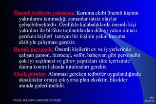Önemli kişilerin yakınları: Koruma ekibi önemli kişinin
  yakınlarını tanımadığı zamanlar tatsız olaylar
  gelişebilmektedir. Özellikle kalabalıklarda önemli kişi
  yakınları ile birlikte toplantılardan dolayı yakın olması
  gereken kişileri tanıyan bir kişinin yakın koruma
  ekibiyle çalışması gerekir.
Destek personeli: Önemli kişilerin ev ve iş yerlerinde
  çalışan garson, hizmetçi, soför, bahçıvan gibi personelin
  çok iyi seçilmesi ve görev yaptıkları süre içerisinde
  daima kontrol alanda tutulmaları gerekir.
Eksik planlar: Alınması gereken tedbirler uygulandığında
  aksaklıklar ortaya çıkıyorsa plan eksiktir. Eksikler
  anında giderilmelidir.

                                                                  140
YUCEL SULUOVA EMNIYET MÜDÜRÜ                                  24/09/12
 
