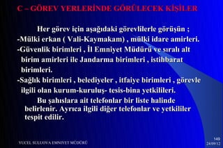 C – GÖREV YERLERİNDE GÖRÜLECEK KİŞİLER

        Her görev için aşağıdaki görevlilerle görüşün ;
-Mülki erkan ( Vali-Kaymakam) , mülki idare amirleri.
-Güvenlik birimleri , İl Emniyet Müdürü ve sıralı alt
 birim amirleri ile Jandarma birimleri , istihbarat
 birimleri.
-Sağlık birimleri , belediyeler , itfaiye birimleri , görevle
 ilgili olan kurum-kuruluş- tesis-bina yetkilileri.
        Bu şahıslara ait telefonlar bir liste halinde
   belirlenir. Ayrıca ilgili diğer telefonlar ve yetkililer
   tespit edilir.

                                                                    149
YUCEL SULUOVA EMNIYET MÜDÜRÜ                                    24/09/12
 