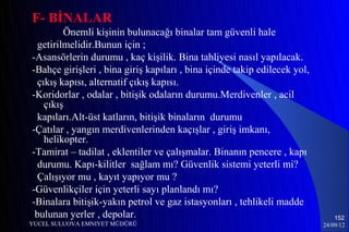 F- BİNALAR
         Önemli kişinin bulunacağı binalar tam güvenli hale
  getirilmelidir.Bunun için ;
-Asansörlerin durumu , kaç kişilik. Bina tahliyesi nasıl yapılacak.
-Bahçe girişleri , bina giriş kapıları , bina içinde takip edilecek yol,
  çıkış kapısı, alternatif çıkış kapısı.
-Koridorlar , odalar , bitişik odaların durumu.Merdivenler , acil
    çıkış
  kapıları.Alt-üst katların, bitişik binaların durumu
-Çatılar , yangın merdivenlerinden kaçışlar , giriş imkanı,
    helikopter.
-Tamirat – tadilat , eklentiler ve çalışmalar. Binanın pencere , kapı
  durumu. Kapı-kilitler sağlam mı? Güvenlik sistemi yeterli mi?
  Çalışıyor mu , kayıt yapıyor mu ?
-Güvenlikçiler için yeterli sayı planlandı mı?
-Binalara bitişik-yakın petrol ve gaz istasyonları , tehlikeli madde
 bulunan yerler , depolar.                                                     152
YUCEL SULUOVA EMNIYET MÜDÜRÜ                                               24/09/12
 