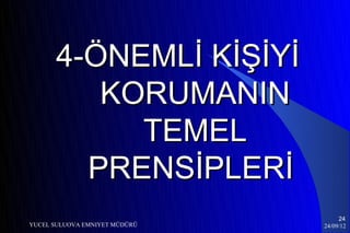 4-ÖNEMLİ KİŞİYİ
         KORUMANIN
           TEMEL
        PRENSİPLERİ
                                    24
YUCEL SULUOVA EMNIYET MÜDÜRÜ   24/09/12
 