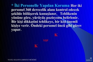 * İki Personelle Yapılan Koruma Her iki
   personel 360 derecelik alanı kontrol edecek
   şekilde bölüşerek konuşlanır. Tehlikenin
   yönüne göre, yürüyüş pozisyonu belirlenir.
   Bir kişi dikkatini tehlikeye, bir kişi önemli
   kişiye verir. Öndeki personel öncü gibi görev
   yapar.
                                     K
                               VIP

                          K

                                                        48
YUCEL SULUOVA EMNIYET MÜDÜRÜ                       24/09/12
 