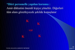 *Dört personelle yapılan koruma :
Amir dikkatini önemli kişiye yöneltir. Diğerleri
tüm alanı gözetleyecek şekilde konuşlanır


                       K
                                 K
                           VIP

                  K              K


                                                        50
YUCEL SULUOVA EMNIYET MÜDÜRÜ                       24/09/12
 