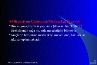 4-Direksiyon Çalışması-Merkezkaç Kuvveti
*Direksiyon çalışması yapılarak (dairesel hareketlerle)
 direksiyonun sağa mı, sola mı çektiğini bilmektir.
*Araçların bazılarına merkezkaç kuvveti öne, bazıları ise
 arkaya toplanmaktadır.




                                                                 71
YUCEL SULUOVA EMNIYET MÜDÜRÜ                                24/09/12
 