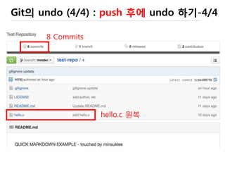 Git의 undo (3/4) : commit 후에 undo 하기
hello.c 수정본
hello.c 원래 꺼로
복원 !!!
add와 commit을 동시에
UNDO!!
 
