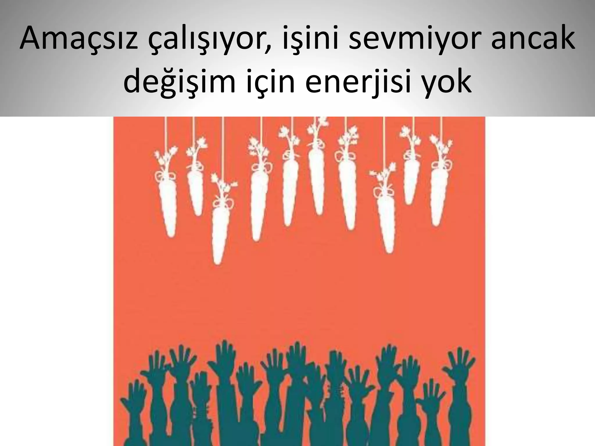 Amaçsız çalışıyor, işini sevmiyor ancak
değişim için enerjisi yok
18
 