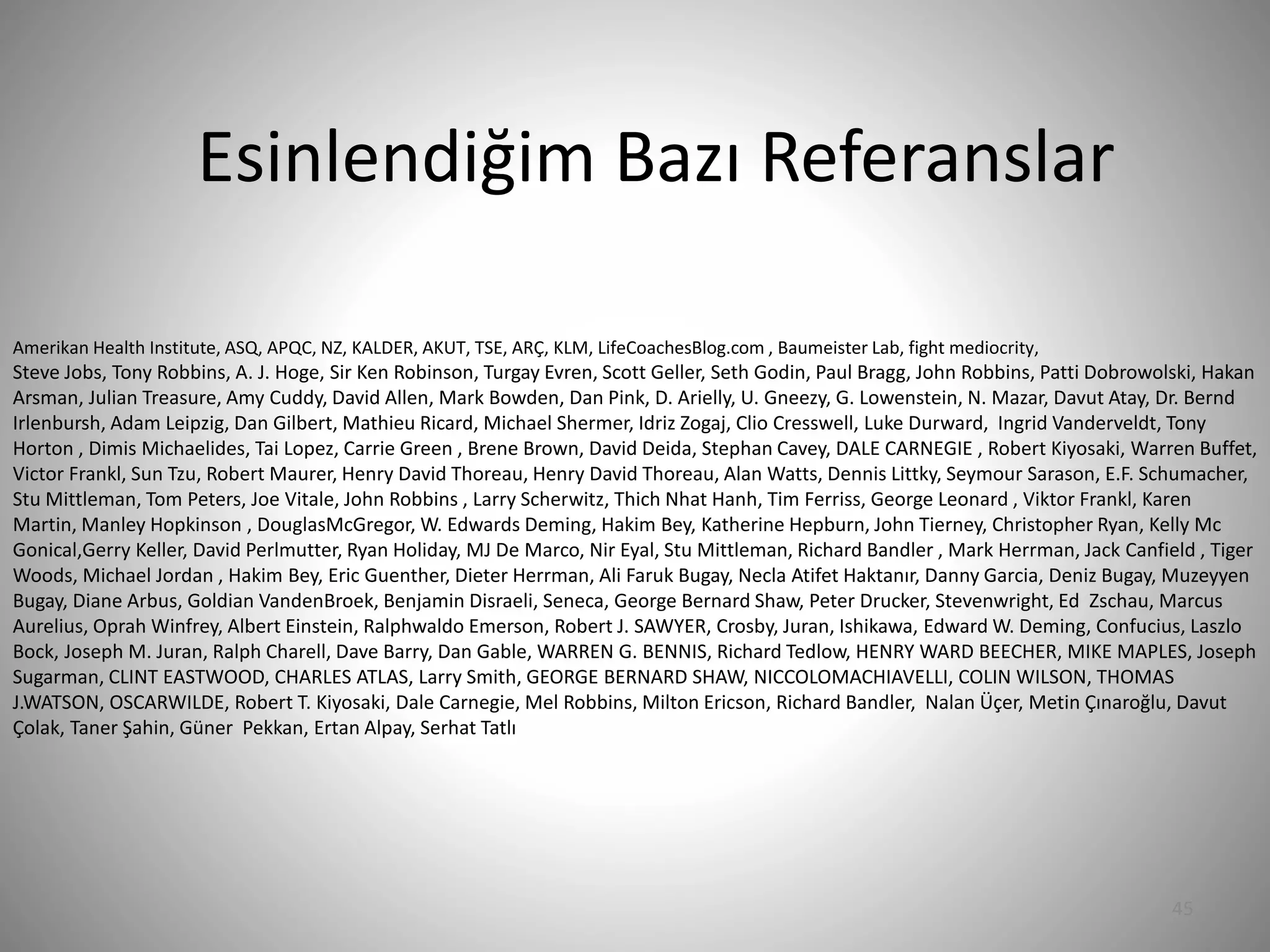 Amerikan Health Institute, ASQ, APQC, NZ, KALDER, AKUT, TSE, ARÇ, KLM, LifeCoachesBlog.com , Baumeister Lab, fight mediocrity,
Steve Jobs, Tony Robbins, A. J. Hoge, Sir Ken Robinson, Turgay Evren, Scott Geller, Seth Godin, Paul Bragg, John Robbins, Patti Dobrowolski, Hakan
Arsman, Julian Treasure, Amy Cuddy, David Allen, Mark Bowden, Dan Pink, D. Arielly, U. Gneezy, G. Lowenstein, N. Mazar, Davut Atay, Dr. Bernd
Irlenbursh, Adam Leipzig, Dan Gilbert, Mathieu Ricard, Michael Shermer, Idriz Zogaj, Clio Cresswell, Luke Durward, Ingrid Vanderveldt, Tony
Horton , Dimis Michaelides, Tai Lopez, Carrie Green , Brene Brown, David Deida, Stephan Cavey, DALE CARNEGIE , Robert Kiyosaki, Warren Buffet,
Victor Frankl, Sun Tzu, Robert Maurer, Henry David Thoreau, Henry David Thoreau, Alan Watts, Dennis Littky, Seymour Sarason, E.F. Schumacher,
Stu Mittleman, Tom Peters, Joe Vitale, John Robbins , Larry Scherwitz, Thich Nhat Hanh, Tim Ferriss, George Leonard , Viktor Frankl, Karen
Martin, Manley Hopkinson , DouglasMcGregor, W. Edwards Deming, Hakim Bey, Katherine Hepburn, John Tierney, Christopher Ryan, Kelly Mc
Gonical,Gerry Keller, David Perlmutter, Ryan Holiday, MJ De Marco, Nir Eyal, Stu Mittleman, Richard Bandler , Mark Herrman, Jack Canfield , Tiger
Woods, Michael Jordan , Hakim Bey, Eric Guenther, Dieter Herrman, Ali Faruk Bugay, Necla Atifet Haktanır, Danny Garcia, Deniz Bugay, Muzeyyen
Bugay, Diane Arbus, Goldian VandenBroek, Benjamin Disraeli, Seneca, George Bernard Shaw, Peter Drucker, Stevenwright, Ed Zschau, Marcus
Aurelius, Oprah Winfrey, Albert Einstein, Ralphwaldo Emerson, Robert J. SAWYER, Crosby, Juran, Ishikawa, Edward W. Deming, Confucius, Laszlo
Bock, Joseph M. Juran, Ralph Charell, Dave Barry, Dan Gable, WARREN G. BENNIS, Richard Tedlow, HENRY WARD BEECHER, MIKE MAPLES, Joseph
Sugarman, CLINT EASTWOOD, CHARLES ATLAS, Larry Smith, GEORGE BERNARD SHAW, NICCOLOMACHIAVELLI, COLIN WILSON, THOMAS
J.WATSON, OSCARWILDE, Robert T. Kiyosaki, Dale Carnegie, Mel Robbins, Milton Ericson, Richard Bandler, Nalan Üçer, Metin Çınaroğlu, Davut
Çolak, Taner Şahin, Güner Pekkan, Ertan Alpay, Serhat Tatlı
45
Esinlendiğim Bazı Referanslar
 