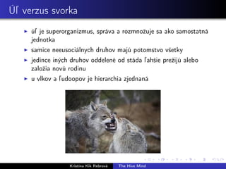 Úľ verzus svorka
úľ je superorganizmus, správa a rozmnožuje sa ako samostatná
jednotka
samice neeusociálnych druhov majú potomstvo všetky
jedince iných druhov oddelené od stáda ľahšie prežijú alebo
založia novú rodinu
u vlkov a ľudoopov je hierarchia zjednaná
Kristína Kik Rebrová The Hive Mind
 