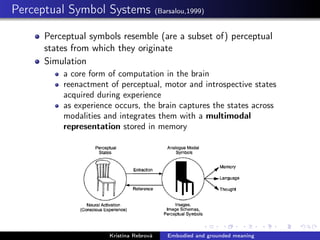 Perceptual Symbol Systems (Barsalou,1999)
Perceptual symbols resemble (are a subset of) perceptual
states from which they originate
Simulation
a core form of computation in the brain
reenactment of perceptual, motor and introspective states
acquired during experience
as experience occurs, the brain captures the states across
modalities and integrates them with a multimodal
representation stored in memory
Kristína Rebrová Embodied and grounded meaning
 