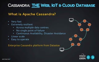 Cassandra: THE Web, IoT & Cloud Database
What is Apache Cassandra?
• Very fast
• Extremely resilient
• Across multiple data centres
• No single point of failure
• Continuous Availability, Disaster Avoidance
• Linear scale
• Easy to operate
Enterprise Cassandra platform from Datastax
 