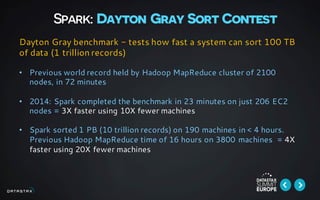 Spark: Dayton Gray Sort Contest
Dayton Gray benchmark - tests how fast a system can sort 100 TB
of data (1 trillion records)
• Previous world record held by Hadoop MapReduce cluster of 2100
nodes, in 72 minutes
• 2014: Spark completed the benchmark in 23 minutes on just 206 EC2
nodes = 3X faster using 10X fewer machines
• Spark sorted 1 PB (10 trillion records) on 190 machines in < 4 hours.
Previous Hadoop MapReduce time of 16 hours on 3800 machines = 4X
faster using 20X fewer machines
 