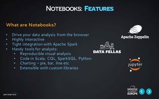 Notebooks: Features
What are Notebooks?
• Drive your data analysis from the browser
• Highly interactive
• Tight integration with Apache Spark
• Handy tools for analysts:
• Reproducible visual analysis
• Code in Scala, CQL, SparkSQL, Python
• Charting – pie, bar, line etc
• Extensible with custom libraries
 
