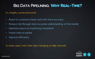Big Data Pipelining: Why Real-Time?
• React to customers faster and with more accuracy
• Reduce risk through more accurate understanding of the market
• Optimise return on marketing investment
• Faster time to market
• Improve efficiency
In a highly connected world
In most cases ‘real-time’ data changing at <1s intervals
 