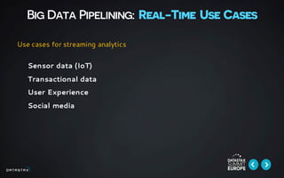 Big Data Pipelining: Real-Time Use Cases
Sensor data (IoT)
Transactional data
User Experience
Social media
Use cases for streaming analytics
 