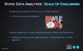 Static Data Analytics : Scale Up Challenges
Sampling and analysis often run on a single machine
• CPU and memory limitations
Limited sampling of a large dataset because of data size limitations
• Multiple iterations over large datasets is frequently not an ideal
approach
 