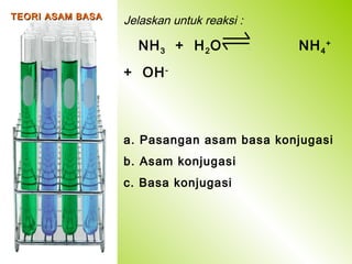 TEORI ASAM BASA

Jelaskan untuk reaksi :

NH 3 + H 2 O

NH 4 +

+ OH -

a. Pasangan asam basa konjugasi
b. Asam konjugasi
c. Basa konjugasi

 