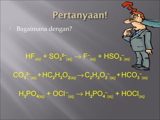 

Bagaimana dengan?

HF(aq) + SO32–(aq) → F–(aq) + HSO3–(aq)
CO32–(aq) + HC2H3O2(aq) → C2H3O2–(aq) + HCO3–(aq)
H3PO4(aq) + OCl –(aq) → H2PO4–(aq) + HOCl(aq)

 
