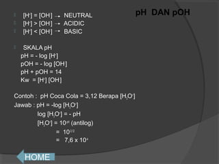 




[H+] = [OH-]
[H+] > [OH-]
[H+] < [OH-]

NEUTRAL
ACIDIC
BASIC

SKALA pH
pH = - log [H+]
pOH = - log [OH-]
pH + pOH = 14
Kw = [H+] [OH-]

Contoh : pH Coca Cola = 3,12 Berapa [H3O+]
Jawab : pH = -log [H3O+]
log [H3O+] = - pH
[H3O+] = 10-pH (antilog)
= 10-3,12
= 7,6 x 10-4

HOME

pH DAN pOH

 