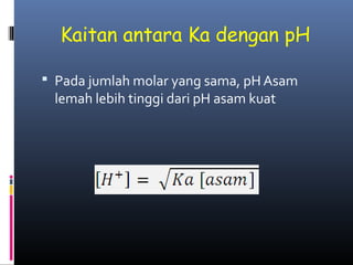 Kaitan antara Ka dengan pH
 Pada jumlah molar yang sama, pH Asam

lemah lebih tinggi dari pH asam kuat

 