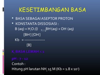 KESETIMBANGAN BASA
 BASA SEBAGAI ASEPTOR PROTON
 KONSTANTA DISSOSIASI :

B (aq) + H2O (l)
BH+(aq) + OH- (aq)
[BH+] [OH-]
Kb = ---------------[B]
Kb BASA LEMAH < 1
pH : 7 - 12
Contoh :
Hitung pH larutan NH3 15 M (Kb = 1.8 x 10-5)

 