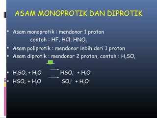 ASAM MONOPROTIK DAN DIPROTIK
 Asam monoprotik : mendonor 1 proton

contoh : HF, HCl, HNO3
 Asam poliprotik : mendonor lebih dari 1 proton
 Asam diprotik : mendonor 2 proton, contoh : H2SO4.
 H2SO4 + H2O

HSO4- + H3O+

 HSO4- + H2O

SO42- + H3O+

 