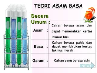 Secara
Umum :

Cairan berasa asam dan

Asam : dapat memerahkan kertas
lakmus biru

Basa

:

Garam :

Cairan berasa pahit dan
dapat membirukan kertas
lakmus merah
Cairan yang berasa asin

NEXT

 