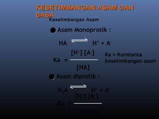 KESETIMBANGAN ASAM DAN
BASA
Kesetimbangan Asam

 Asam Monoprotik :

H+ + A-

HA

[H+] [A-]
Ka =
[HA]
 Asam diprotik :
H2A

Ka = Konstanta
kesetimbangan asam

H+ + A[H+] [A-]

Ka =
[H2A]

 