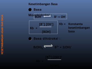 Kesetimbangan Basa

KESETIMBANGAN ASAM DAN BASA

 Basa
Monohidroksi : +
BOH
B + OH[B+] [OH-]
Kb =
[BOH]

Kb = Konstanta
kesetimbangan
basa

 Basa dihidroksi :
B(OH)2

B2+ + 2(OH)[B2+] [OH-]2

Kb =
B[OH]2

 