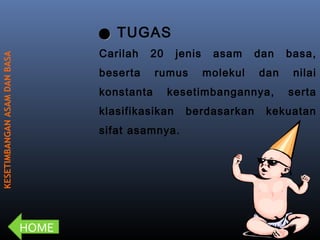 

TUGAS

KESETIMBANGAN ASAM DAN BASA

Carilah

20

beserta
konstanta

jenis

rumus

molekul

dan
dan

kesetimbangannya,

klasifikasikan
sifat asamnya.

HOME

asam

berdasarkan

basa,
nilai
serta

kekuatan

 