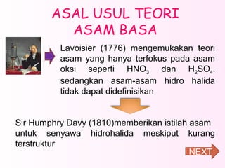 ASAL USUL TEORI
ASAM BASA
Lavoisier (1776) mengemukakan teori
asam yang hanya terfokus pada asam
oksi seperti HNO3 dan H2SO4.
sedangkan asam-asam hidro halida
tidak dapat didefinisikan
Sir Humphry Davy (1810)memberikan istilah asam
untuk senyawa hidrohalida meskiput kurang
terstruktur
NEXT

 