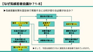 【なぜ気候若者会議か？1-8】
国民一人ひとりが変
わる
産業界が
変わる
政府が変わる
消費市場が
変わる
社会の仕組みが
変わる
国民の過半数が
変わる
消費者が変わる
社会が変わる
仕組みを実施する
国全体が変わる
誰かがきっかけを
つくる
▶気候変動対策を国全体で実施するには何が変わる必要があるか？
▶そして、今回は政府だけなく提言先も参加者で決めていきます。
選挙の争点が
変わる
 