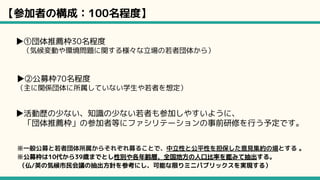 【参加者の構成：100名程度】
▶①団体推薦枠30名程度
　（気候変動や環境問題に関する様々な立場の若者団体から）
　　
▶②公募枠70名程度
（主に関係団体に所属していない学生や若者を想定）
　　
※一般公募と若者団体所属からそれぞれ募ることで、中立性と公平性を担保した意見集約の場とする 。
※公募枠は10代から39歳までとし性別や各年齢層、全国地方の人口比率を鑑みて抽出する。
（仏/英の気候市民会議の抽出方針を参考にし、可能な限りミニパブリックスを実現する）
▶活動歴の少ない、知識の少ない若者も参加しやすいように、
　「団体推薦枠」の参加者等にファシリテーションの事前研修を行う予定です。
 