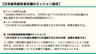 【日本版気候若者会議のミッション設定】
▶フランス気候市民会議
「社会的公平性を守りながら、1990年と比べて2030年までにGHG排出量40%
減を達成するための具体的な政策提言を行う」
▶イギリス気候市民会議
「2050年までにGHG排出実質ゼロを達成するための手段・政策を提言する」
▶【日本版気候若者会議のミッション】
「2050年までにGHG排出実質ゼロを達成するための手段・政策を提言する」
パリ協定1.5度目標を達成するという前提のもと、イギリス型のミッションを採
用する。2050年カーボンニュートラルを達成するまでの道のりとして、2030年
のGHG排出削減量についても会議内で議論し、設定できるようにする。　
 