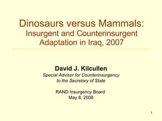 David J. Kilcullen Special Advisor for Counterinsurgency to the Secretary of State RAND Insurgency Board  May 8, 2008 Dinosaurs versus Mammals: Insurgent and Counterinsurgent Adaptation in Iraq, 2007 