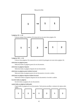 Manual do Kile
2 páginas A4 --> A4
Colocar sempre duas páginas A4 consecutivas em uma única página A4.
2 páginas A4L --> A4
Colocar duas páginas A4 consecutivas no modo de paisagem em uma única página A4.
selecionar as páginas pares
Seleciona todas as páginas pares de um documento.
selecionar as páginas ímpares
Seleciona todas as páginas ímpares de um documento.
selecionar as páginas pares (ordem inversa)
Seleciona todas as páginas pares de um documento e inverte a ordem.
selecionar as páginas ímpares (ordem inversa)
Selecionar todas as páginas ímpares de um documento e inverter a ordem.
inverter todas as páginas
Inverte todas as páginas de um documento.
copiar todas as páginas (ordenado)
Copia todas as páginas de um documento. Você precisa escolher o número de cópias orde-
nadas.
43
 