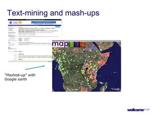 Text-mining and mash-ups
Data mined from the research literature
“Mashed-up” with
Google earth
 