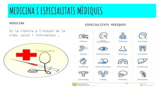 MEDICINA I ESPECIALITATS MÈDIQUES
MEDICINA
És la ciència a l’estudi de la
vida, salut i infermetats .
ESPECIALITATS MÈDIQUES