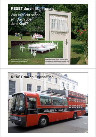 RESET durch Eliminierung
Wer braucht schon
ein Dach über
dem Kopf?




Pension Kamerichs, bei Siegen:   Weitere Beispiele finden Sie hier: www.
www.pensionkamerichs.de          concierge.com/ideas/hotels/tours/501803?




RESET durch Erschaffung
 