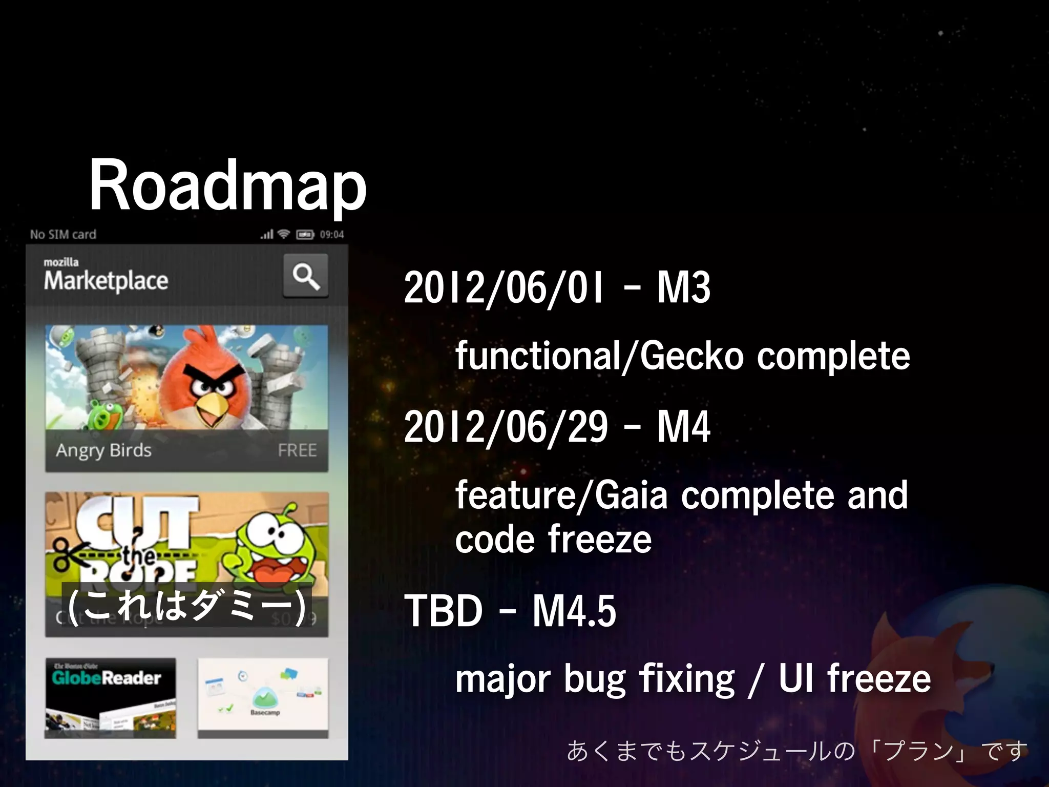 Roadmap
           2012/06/01 - M3
             functional/Gecko complete
           2012/06/29 - M4
             feature/Gaia complete and
             code freeze
(これはダミー)   TBD - M4.5
             major bug ﬁxing / UI freeze
                   あくまでもスケジュールの「プラン」です
 