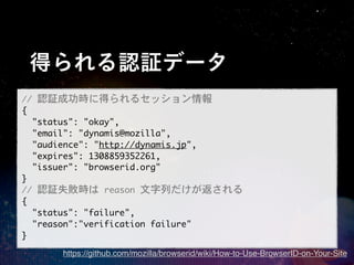 得られる認証データ
//	 認証成功時に得られるセッション情報
{
	 	 "status":	 "okay",
	 	 "email":	 "dynamis@mozilla",
	 	 "audience":	 "http://dynamis.jp",
	 	 "expires":	 1308859352261,
	 	 "issuer":	 "browserid.org"
}
//	 認証失敗時は	 reason	 文字列だけが返される
{
	 	 "status":	 "failure",
	 	 "reason":"verification	 failure"
}
      https://github.com/mozilla/browserid/wiki/How-to-Use-BrowserID-on-Your-Site
 
