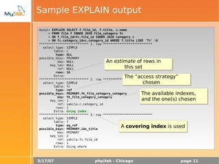 5/17/07 php|tek - Chicago page 11
Sample EXPLAIN output
mysql> EXPLAIN SELECT f.film_id, f.title, c.name
> FROM film f INNER JOIN film_category fc
> ON f.film_id=fc.film_id INNER JOIN category c
> ON fc.category_id=c.category_id WHERE f.title LIKE 'T%' G
*************************** 1. row ***************************
select_type: SIMPLE
table: c
type: ALL
possible_keys: PRIMARY
key: NULL
key_len: NULL
ref: NULL
rows: 16
Extra:
*************************** 2. row ***************************
select_type: SIMPLE
table: fc
type: ref
possible_keys: PRIMARY,fk_film_category_category
key: fk_film_category_category
key_len: 1
ref: sakila.c.category_id
rows: 1
Extra: Using index
*************************** 3. row ***************************
select_type: SIMPLE
table: f
type: eq_ref
possible_keys: PRIMARY,idx_title
key: PRIMARY
key_len: 2
ref: sakila.fc.film_id
rows: 1
Extra: Using where
An estimate of rows in
this set
The “access strategy”
chosen
The available indexes,
and the one(s) chosen
A covering index is used
 