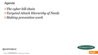 3 CONFIDENTIAL© 2015 Forrester Research, Inc. Reproduction Prohibited 3
Agenda
› The cyber kill chain
› Targeted Attack Hierarchy of Needs
› Making prevention work
@rickhholland
 