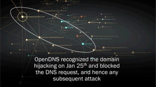 46 CONFIDENTIAL
OpenDNS recognized the domain
hijacking on Jan 25th and blocked
the DNS request, and hence any
subsequent attack
 