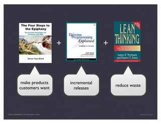+                 +



                make products                       incremental
                                                                      reduce waste
               customers want                         releases




LEAN UX FUNDAMENTALS, KELLOGG EDITION 04/2011                                    JANICE@LUXR.CO
 