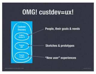 OMG! custdev=ux!

                                                People, their goals & needs




                                                Sketches & prototypes


                                                “New user” experiences


LEAN UX FUNDAMENTALS, KELLOGG EDITION 04/2011                                 JANICE@LUXR.CO
 